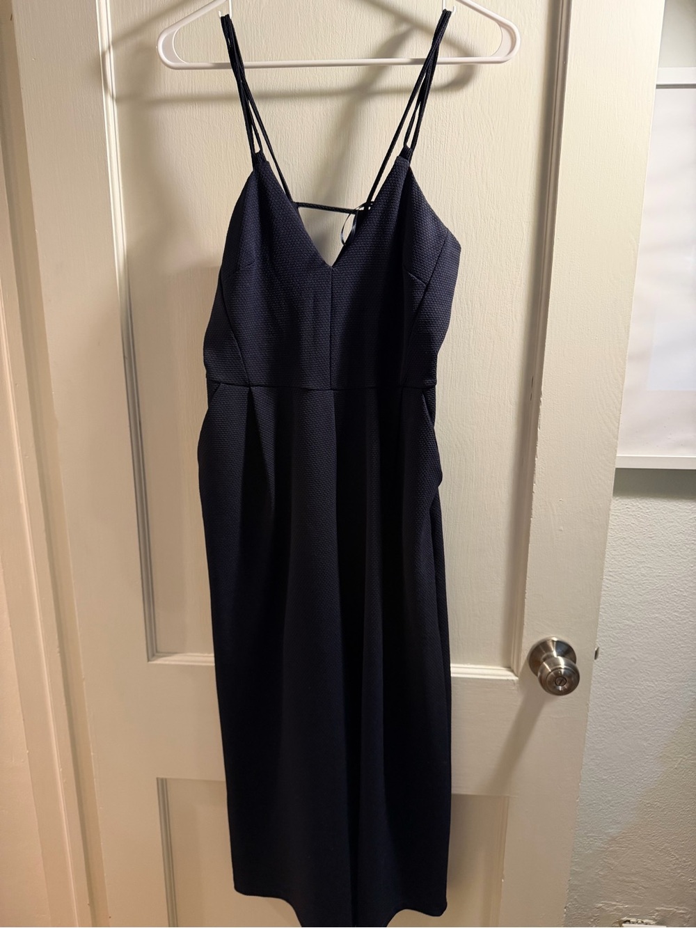 Zara Navy Textured Midi Dress with Double Spaghetti Straps